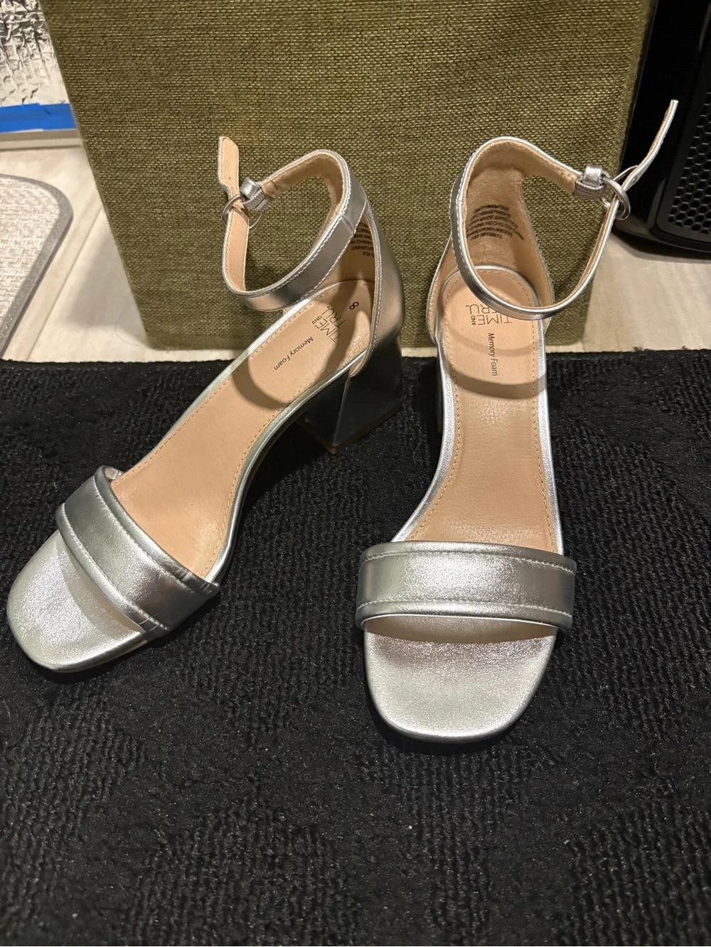 Time and Tru Silver Ankle-Strap Block Heel Sandals